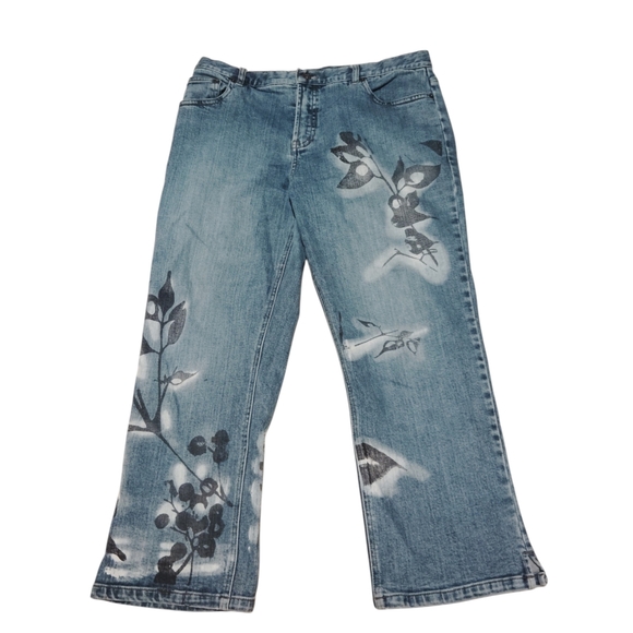 Dkny Denim - DKNY Vintage Jeans Wide Leg Faded Denim Floral Print Size 14 Womens